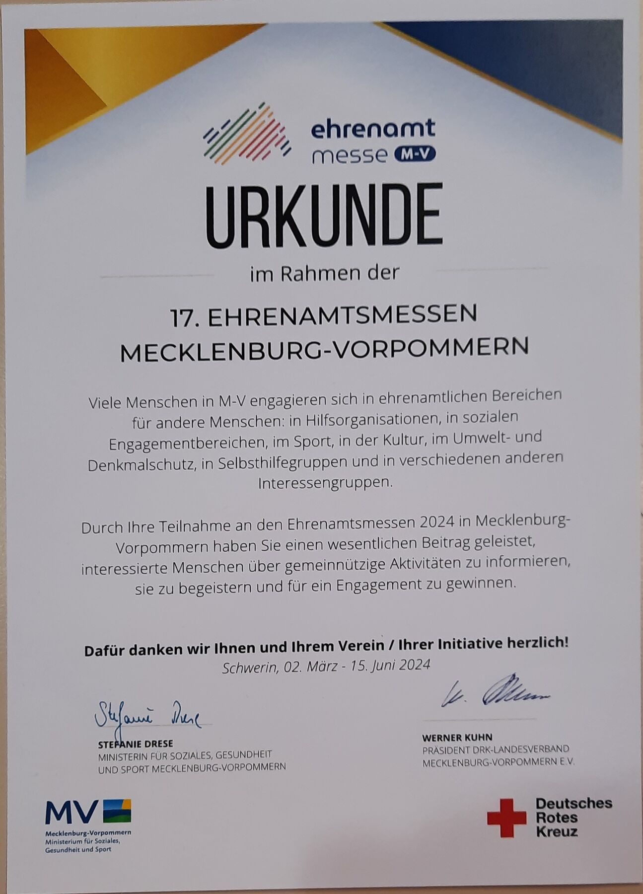 Bild der Urkunde zur Teilnahme an der EhrenamtMesse